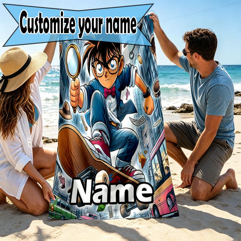 Custom Name Personalized Anime Print Beach Towel, for Trip Camping Beach Party Home Decor, Birthday Gift for Family & Friends
