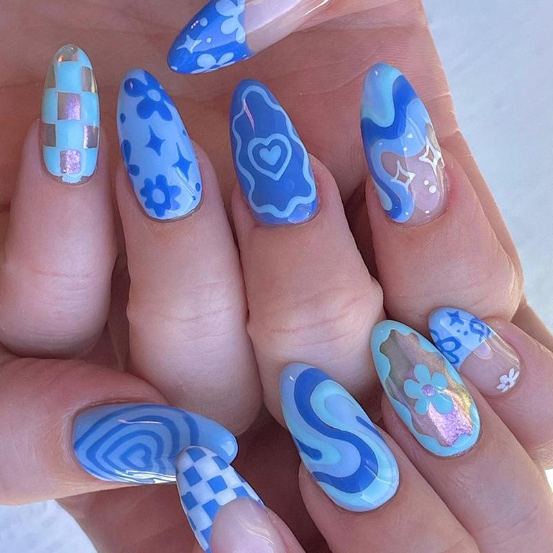 24Pcs Medium French Almond Press On Nails 3D Ocean Shark Shell Pearl Design Fake Nail Tips