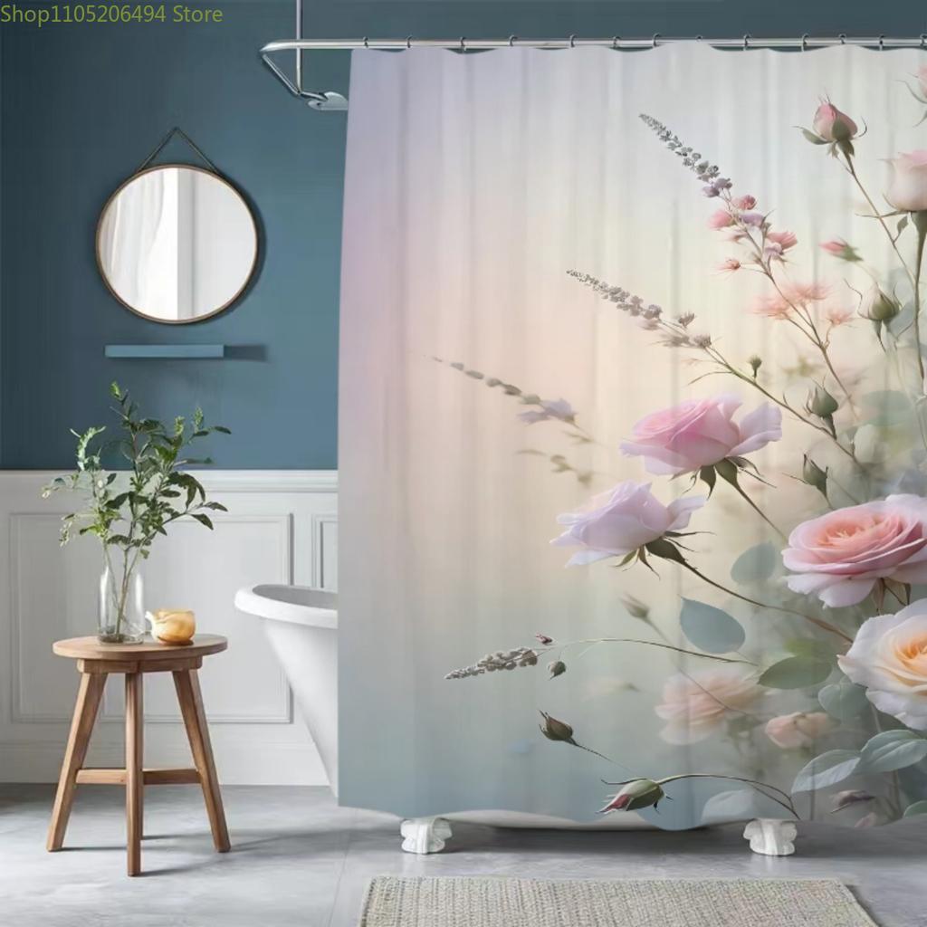 1 Stück Weiche Pastellrosa Florale Polyester Duschvorhang - Waschbar, Aufhängen ohne Bohren, Maschinenwaschbare Badezimmerdeko mit Lebhaftem Pi