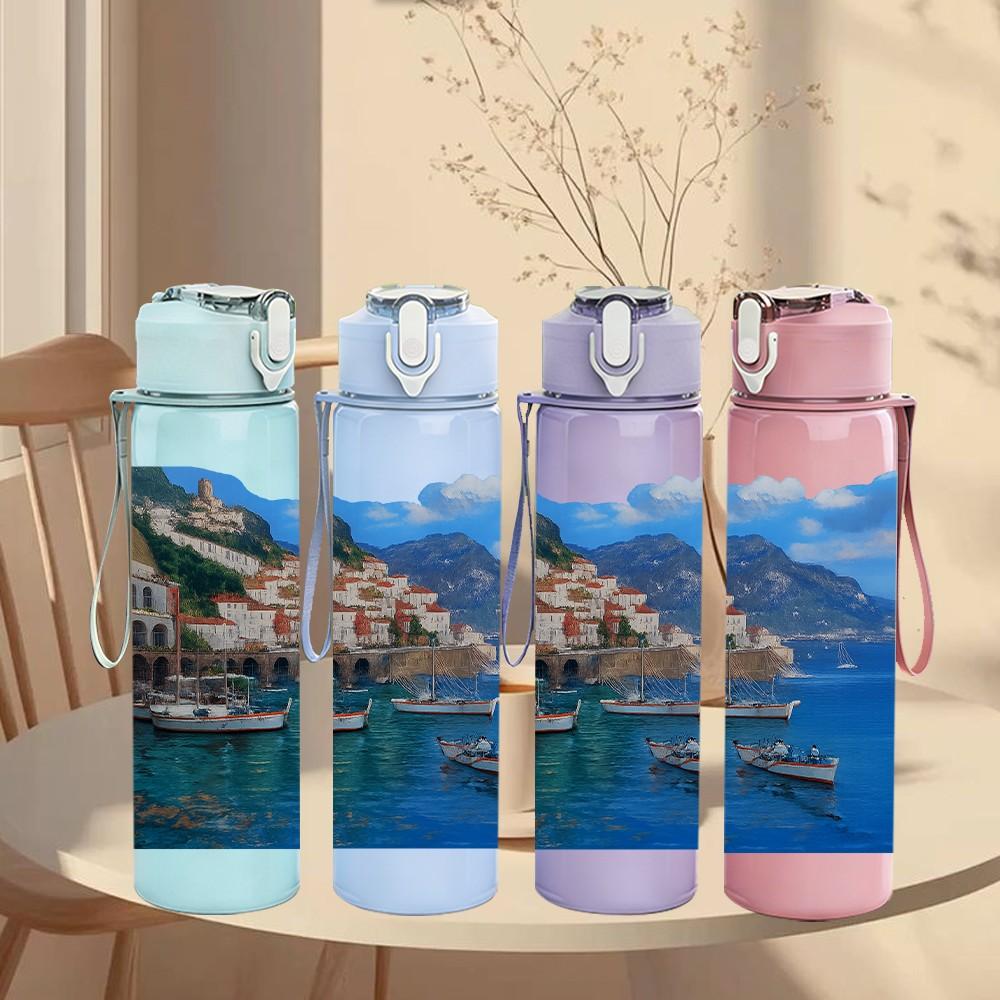 1PC Coast Sea Mountain View 750ml Color Plastic Sports Water Bottle Leakproof Flip Straw Lid Suitable for Sports Office Home Use