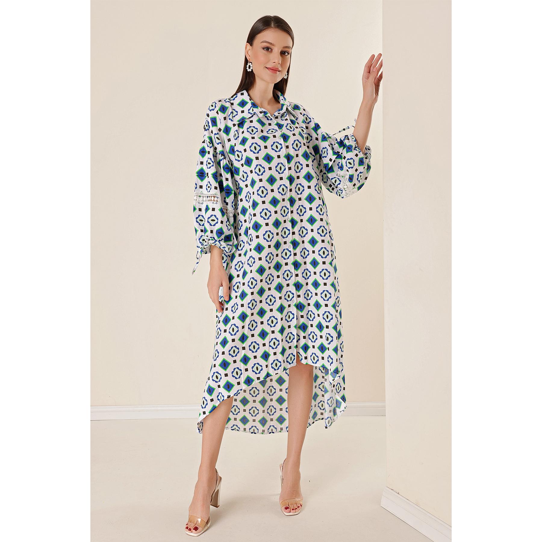 

Длинное длинное платье из вискозы большого размера с коротким рукавом спереди и длинной спиной с геометрическим рисунком