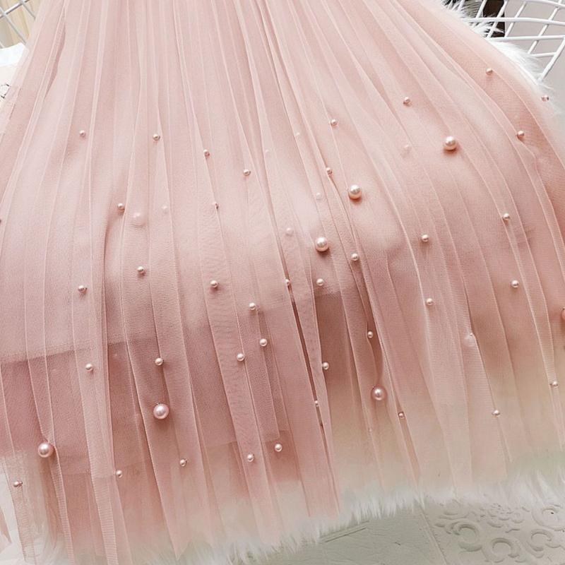 Schwer gearbeiteter Perlen-Mesh-Midi-Rock für Damen - Eleganter Feenhafter Plissierter A-Linien Halbrock