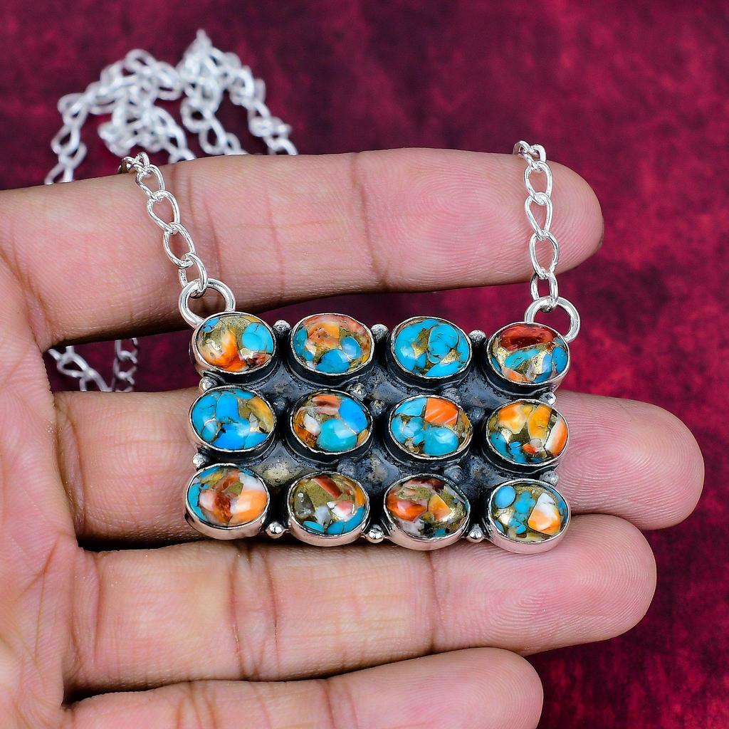 Orange Copper Turquoise Handmade Latest Design Jewelry Necklace, 925 Solid Sterling Silver Gemstone Necklace, Gift For Mother