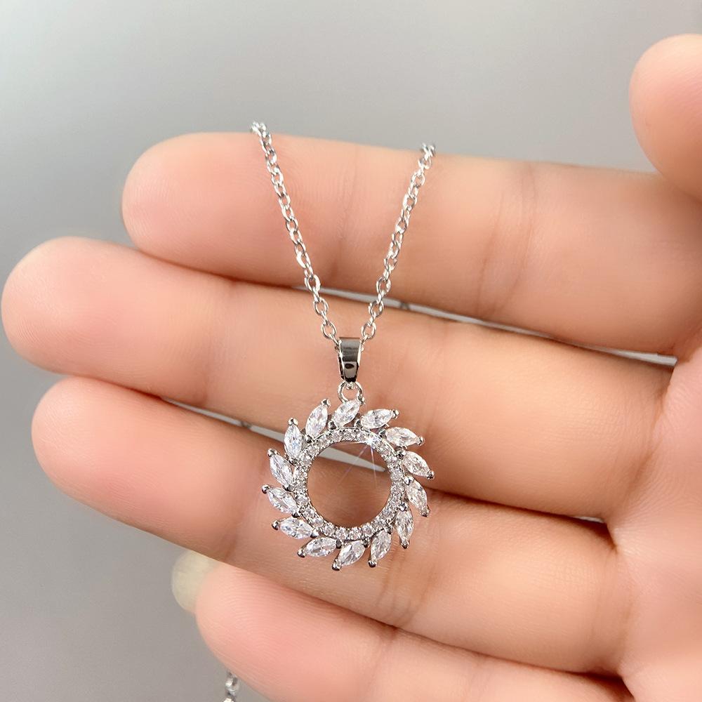Ebay Olive Leaf Pendant, Copper Inlaid Horse Eye Zircon Circle Necklace Collarbone Chain