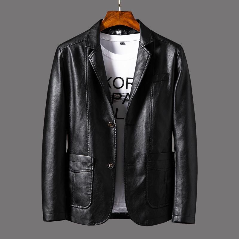

Men s Slim Fit Leather Jacket with Fleece Lining – Korean Style Lapel Suit for Autumn/Winter L чорний