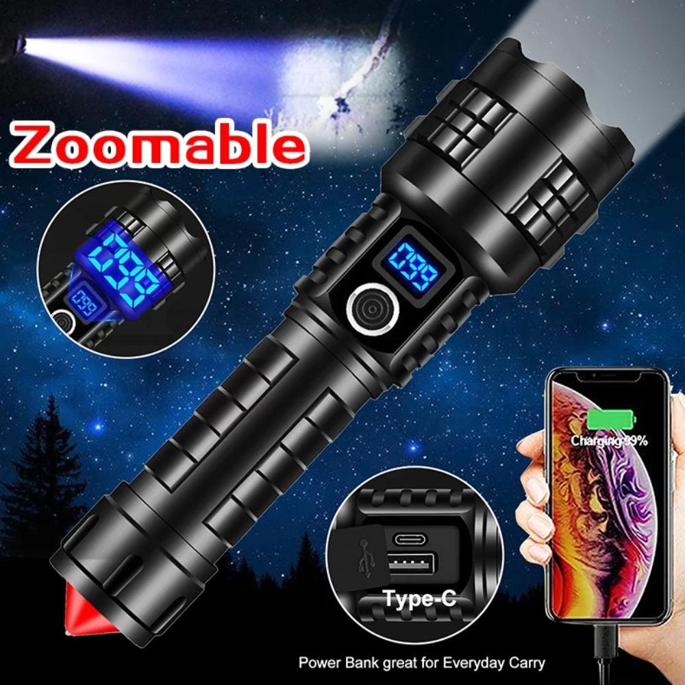 Powerful LED Flashlight Zoomable Torch Type-C Rechargeable Camping Lantern 5Modes Outdoor 26650 Power Bank Lights