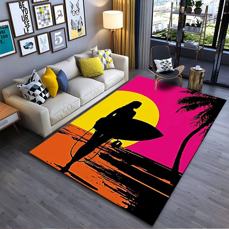 Surfer Silhouette Sunset Scene suitable as a non-slip mat for the living room or bedroom sofa