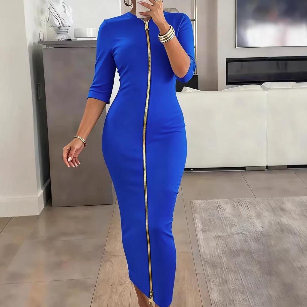 European Sexy Waist-Cinching Hip-Hugging Zipper Dress - Fashionable Mid-Sleeve Women's Skirt 2026.
