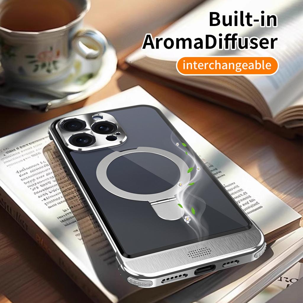 For iPhone 14 Pro Max Magnetic Case Aromatherapy Acrylic+Aluminum Alloy Kickstand Cover