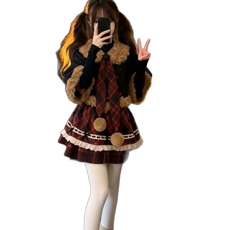 New Year College Style Plaid Dress with Shawl Cape - Women's Waist-Cinched Slim Fit Two-Piece Look