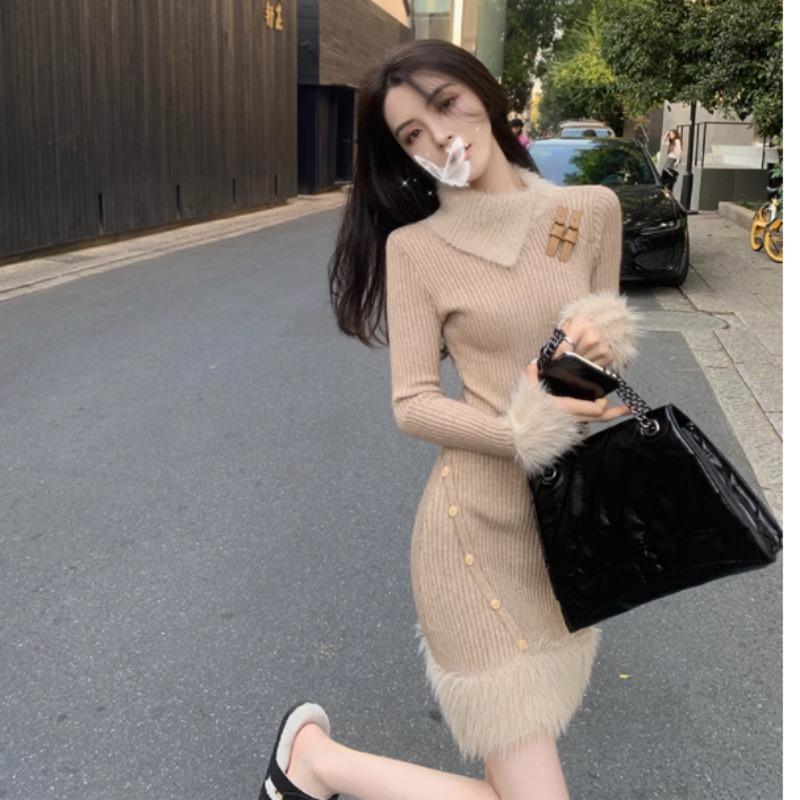 Rochie tricotată toamnă și iarnă pentru femei noi de înaltă calitate și minion un temperament care pulover solid tricotat pentru femei