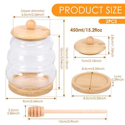 2 Pcs Transparent Honey Pot Glass Honey Jar with Dipper and Wooden Lids Syrup Jam Storage Container for Home Kitchen Accessories