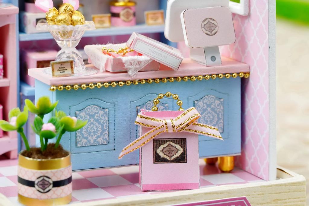 CUTEROOM DIY Dollhouse Miniature Handmade Kit Set with Flower and Sweet Easy English Beautiful Candy Shop Realistic LED Dustproof Display Cover