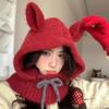 Cute Ears Balaclava Hat Scarf Integrated Red Knitted Hat Winter Warm Ear Protection Woolen Hat for Women
