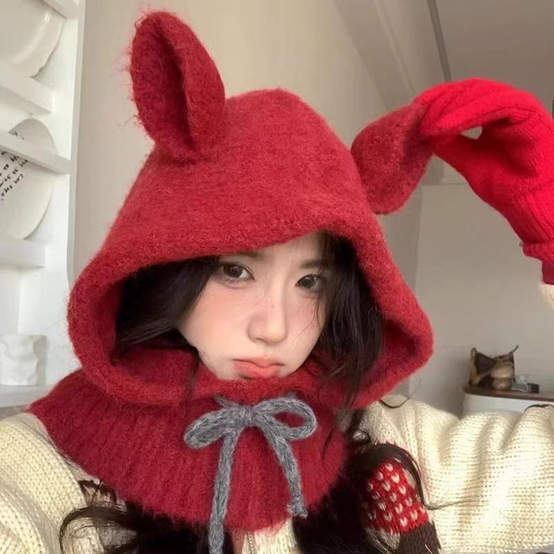 Cute Ears Balaclava Hat Scarf Integrated Red Knitted Hat Winter Warm Ear Protection Woolen Hat for Women