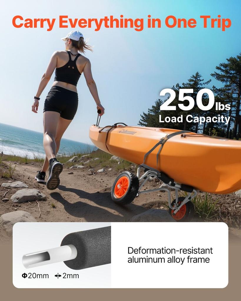Kayak Cart, 113.4 Kg Load Capacity, Foldable Kayak Trolley with 25.4 Cm Solid Rubber Tires & 1 Ratchet Strap, Paddle Board Trolley for Carrying
