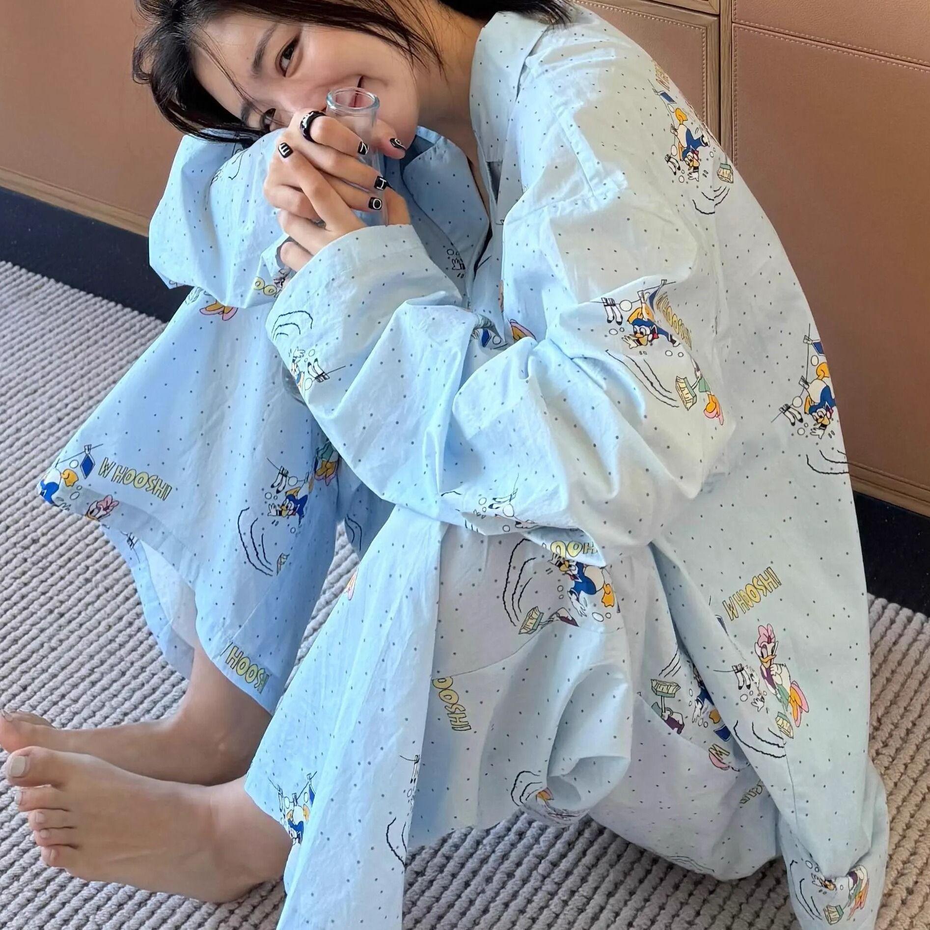 

Simple polka dot Donald Duck pajamas women s spring and autumn new long-sleeved trousers Japanese cartoon homewear suit can be worn outside S [recommended weight 80-95]