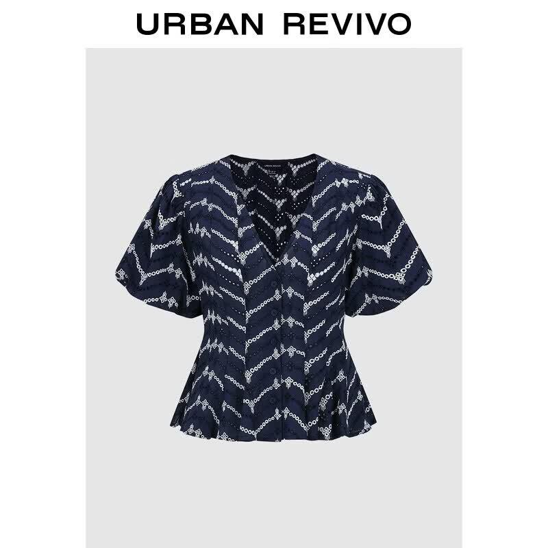 UR2026 Women s Embroidered Color Block V-Neck Puff Sleeve Shirt M