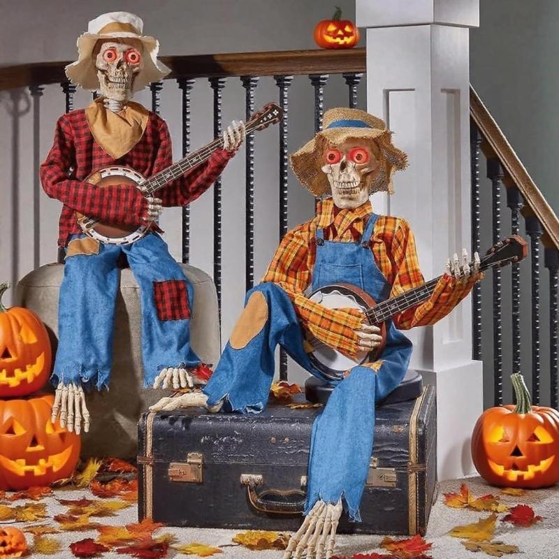 Dueling Banjo Playing Skeletons Halloween Decoration Set Illuminating Plastic Musicians For Home Yard Themed Parties