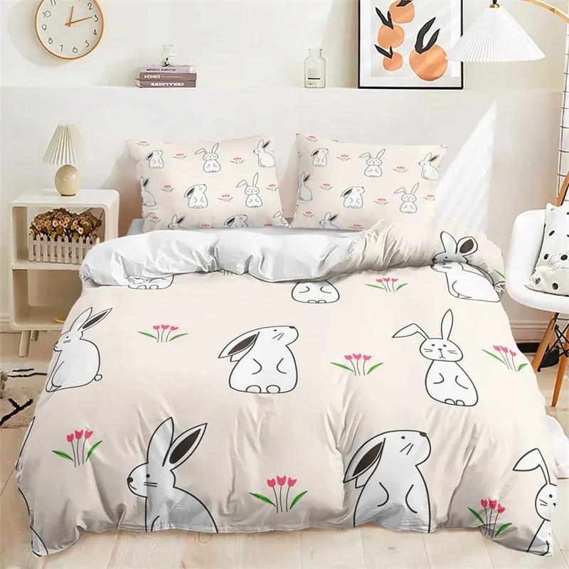 Cartoon Rabbit Duvet Cover Easter Bedding Set Animals Pattern Festival Celebrate Comforter Cover Set Twin For Girl Nursery Child