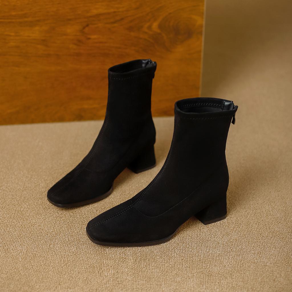 High Quality Faux Suede Ankle Boots Women Fashion Square Toe Sewing Back Zipper Designer Boots Comfortable Wedges Fashion Boots