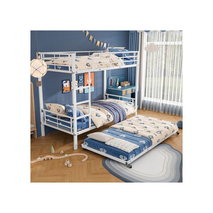 Lit superposé - MUVOE - 90x200cm &amp; 90x190cm - Métal blanc - 3 places - Sécurisé avec barrières