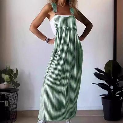 Damenmode Sommer Frühling Streifendruck Ärmellose Hosenträger Lose Taille Freizeitkleider