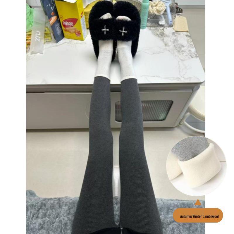 Women's High-Waist Lambswool Ribbed Leggings: Fleece-Lined, Thick, Cotton, Slim-Fit Autumn/Winter Pants for Warmth