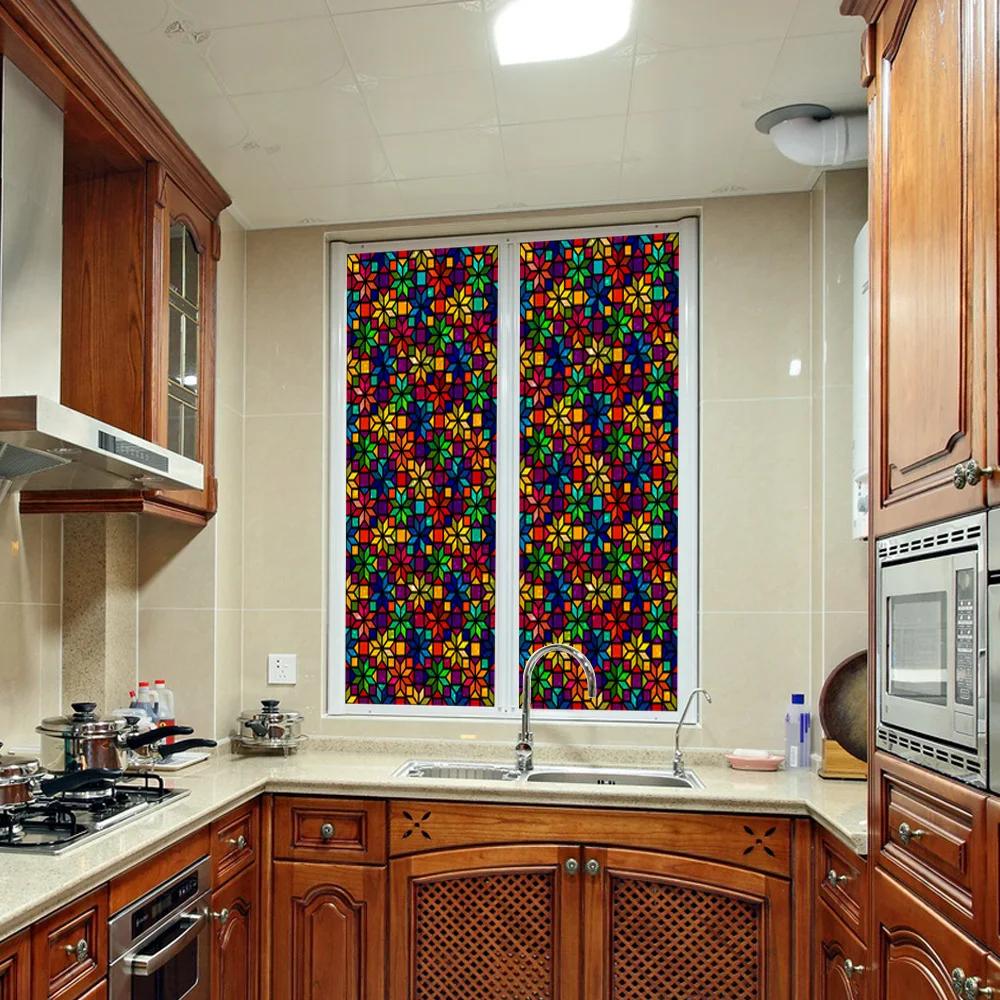 Retro Flowers Colorful Stained Glass Window Film Pattern Non-adhesive Window Decals Static Clings Non-Adhesive Window Stickers