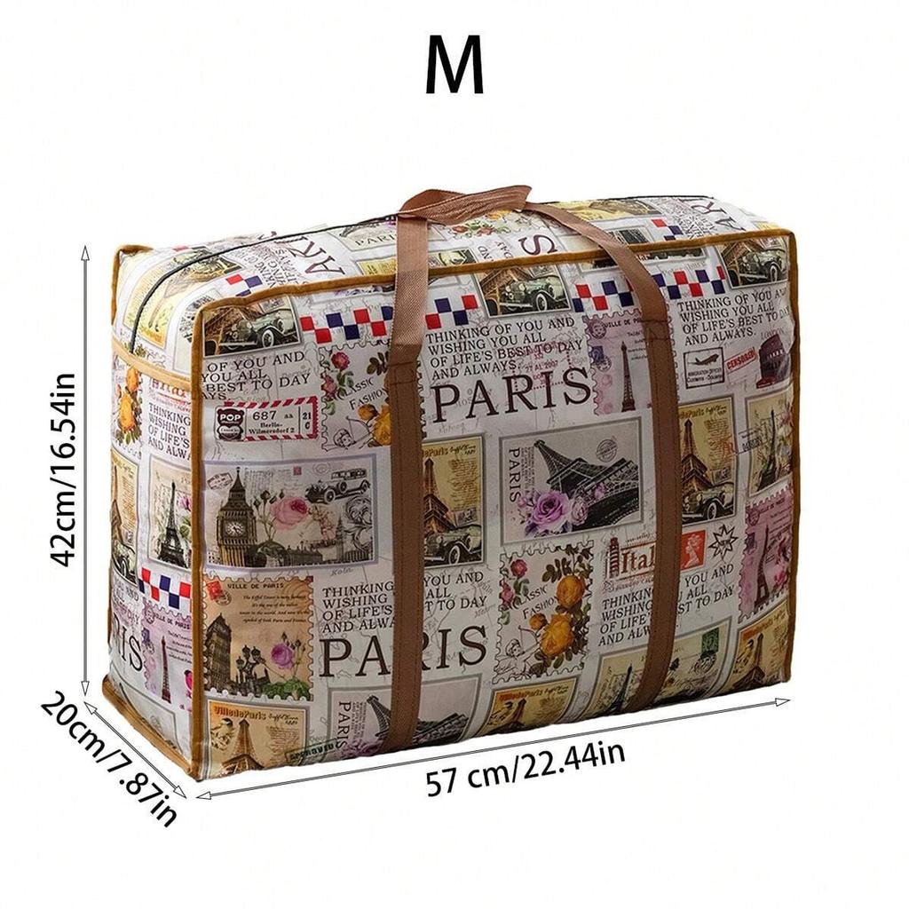 1pc Vintage Fabric Foldable Storage Bag with Strong Zipper and Handle, Space-Saving, for Moving, Travel, Back To School