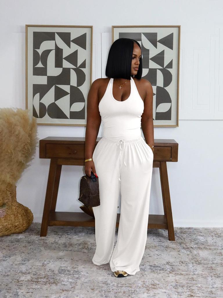 Women's Summer Solid Color Halter Top with High-Waisted Pocket Wide-Leg Pants