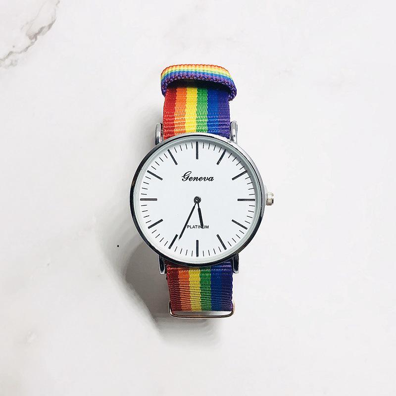 Men's Rainbow Canvas Strap Ultra-thin Double Hand Quartz Watch - Creative, Fashionable, and Popular Design