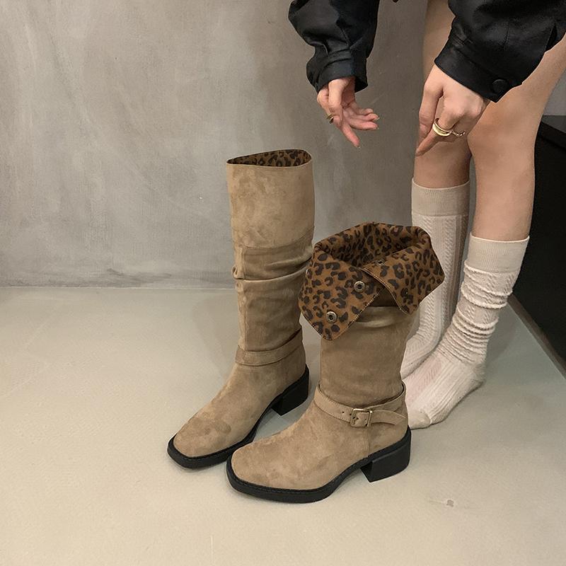 Vintage Leopard Print Women Western Cowgirl Boots Fashion Slip On Long Booties Ladies Elegant Thick Heels Botas Mujer