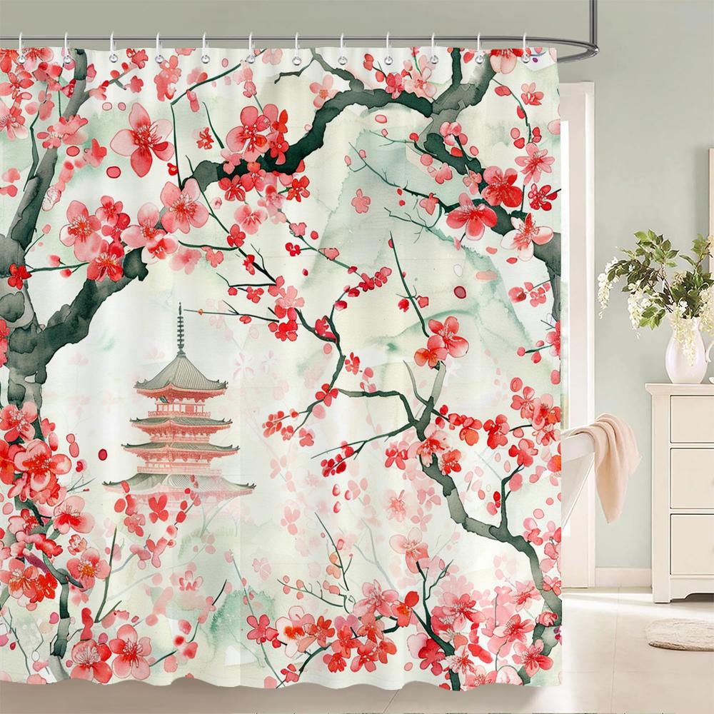Japanese Style Flowers Bird Shower Curtain Abstract Mountain Red Floral Plant Ink Art Landscape Fabric Decor Bathroom Curtains