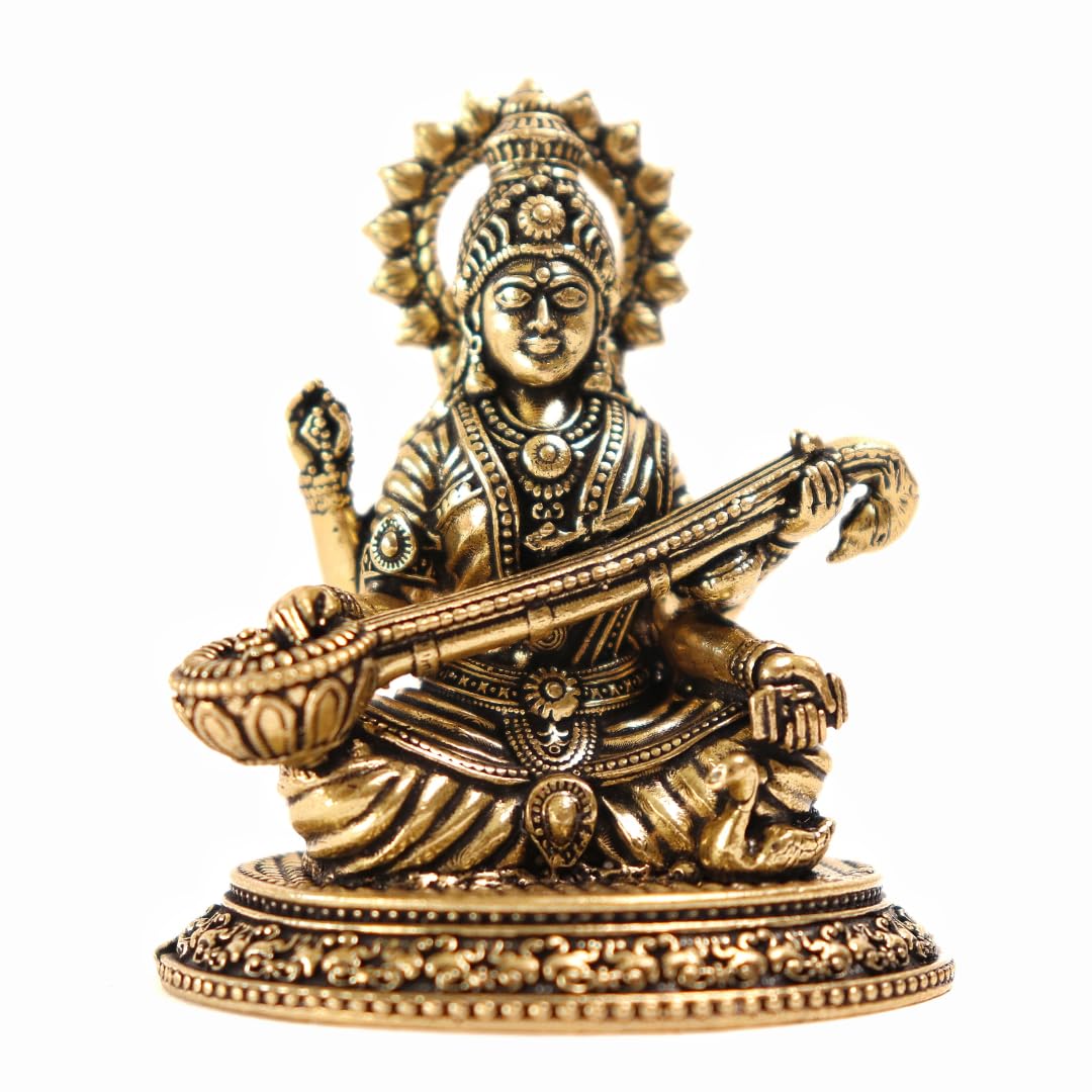 

Maa Saraswati Ji Idol, God Murti For Home Temple, Antique Gold, Brass - 3 Inch