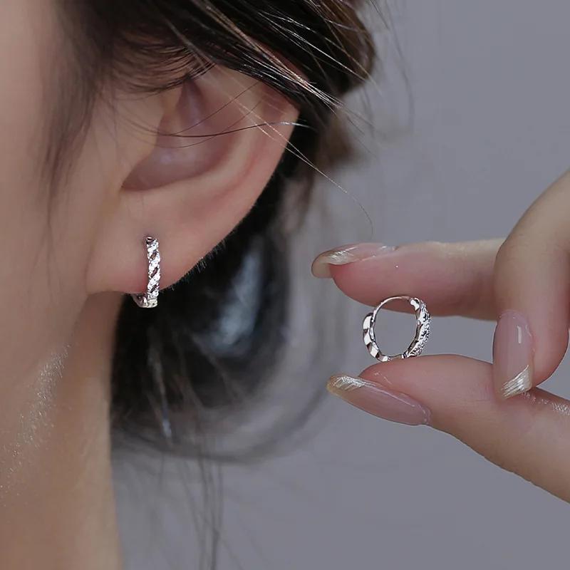 Real  Sterling Silver Zircon Twisted Round Hoop Earrings for Women Trendy Fine  Minimalist Geometric Accessories