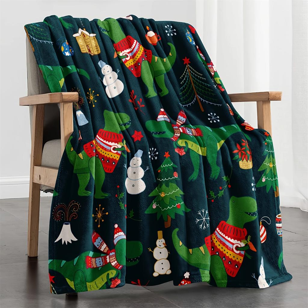 One Christmas dinosaur and snowman print blanket machine washable for all seasons sofa bed blanket home dcor camping as a gift.