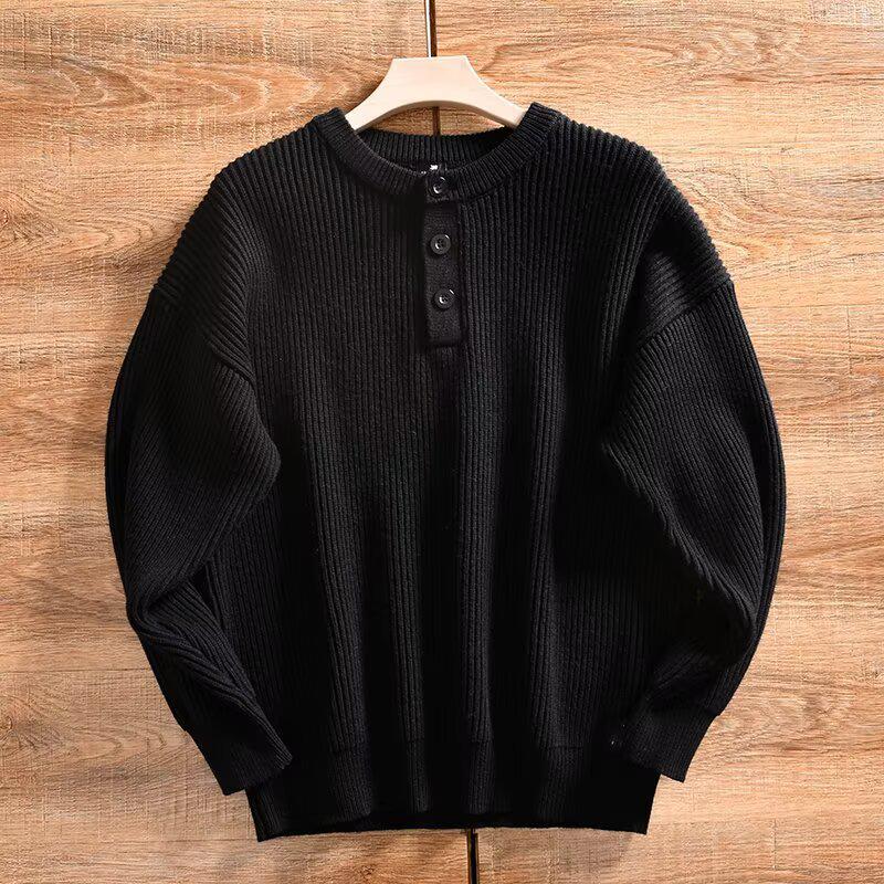 Men s Black Henley Collar Sweater – Old Money Style, Autumn/Winter Vibe, Clean Fit Knit Base Layer XXL чёрный