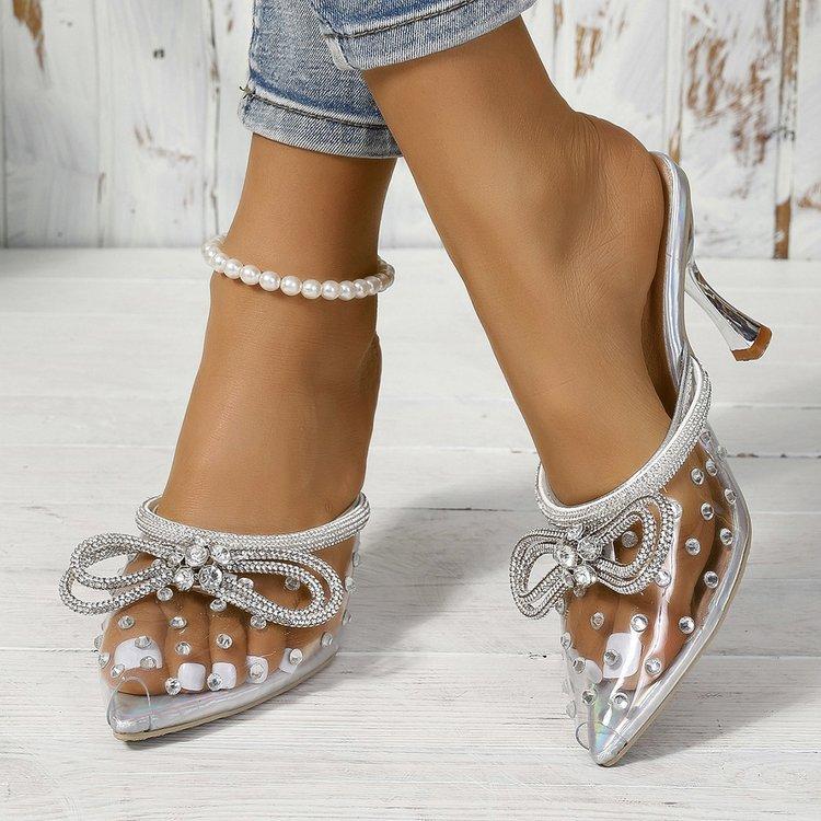 

2024 новые туфли на высоком каблуке со стразами и бантом, блестки, заостренные полые ремешки, босоножки, женские туфли со стразами 41