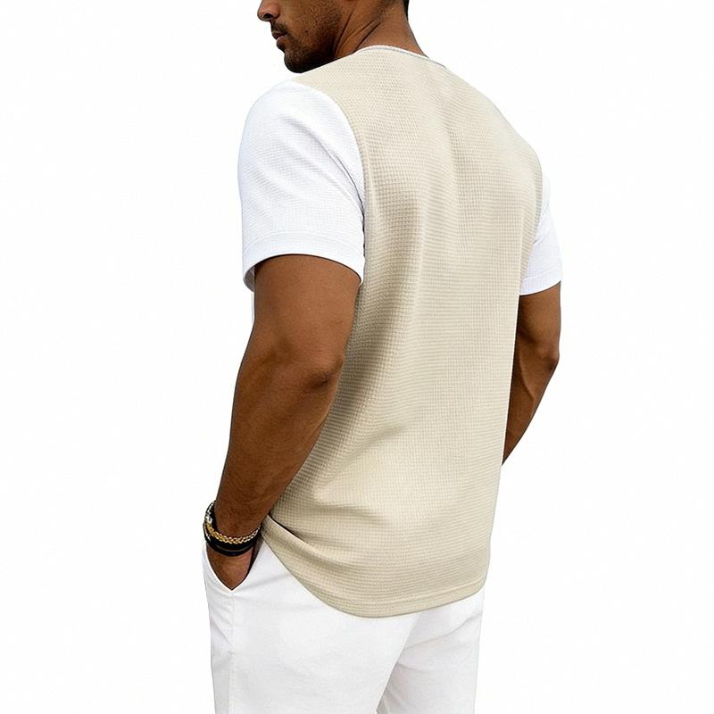 Mens Loose Short Sleeve Waffle Henley T Shirt Summer Casual Top