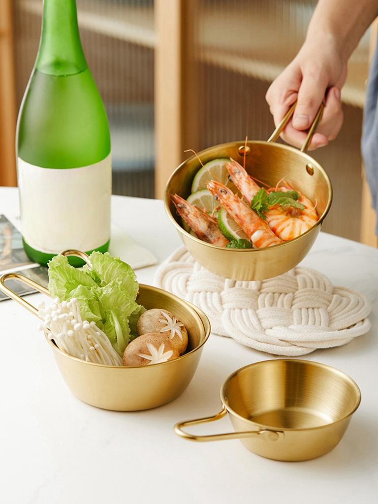 Verdickte Schüssel aus Edelstahl Sus304 mit Griff, Vintage & Schlichtes Design, Goldene Farbe, Mehrzweckschüssel für koreanisches Essen