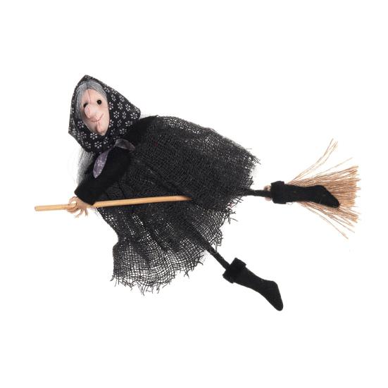 Halloween Witch Doll Small Hangable Witch Ornament Decorative Flying Witch Figurine On Broomstick for Indoor Outdoor Tree Home Kitchen Decor