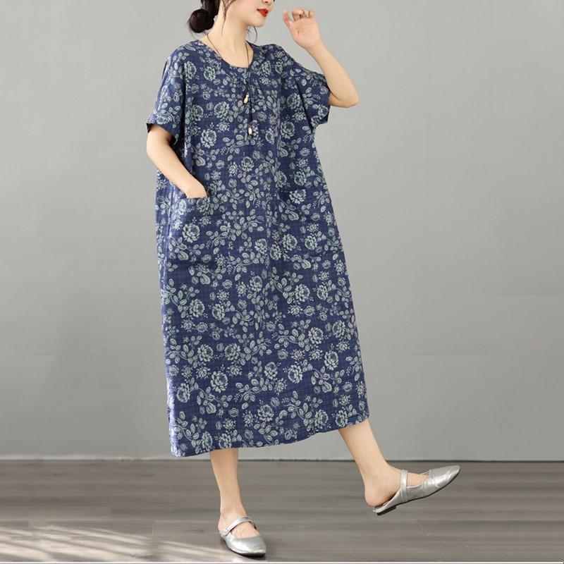 Short Sleeve Plus Size Cotton Linen Vintage Floral New In Dresses for Women Casual Loose Long Summer Dress