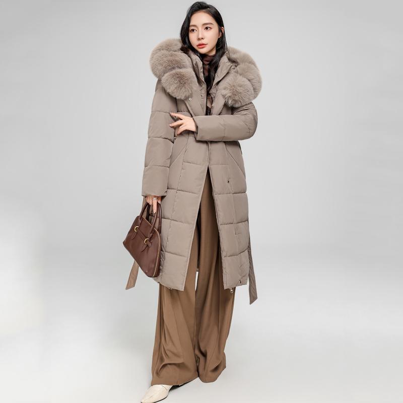 Dam Vinter Långa Kappor Med Huva Stor Fuskpäls Krage Elegant Tjock Varm Vinterparkas Kvinnlig Jacka Med Bälte