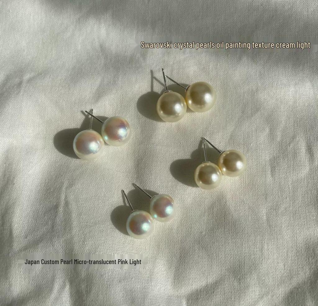 Perfectly Round Pearl Sterling Silver Stud Earrings with Colorful Retro Hong Kong Style and Big Light Bulb Design