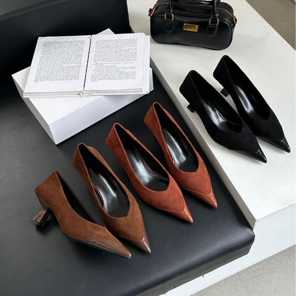 Retro pointed single shoes women's outer wear high-end suede Korean version high heels women's thin heels French splicing soft leather women's shoes