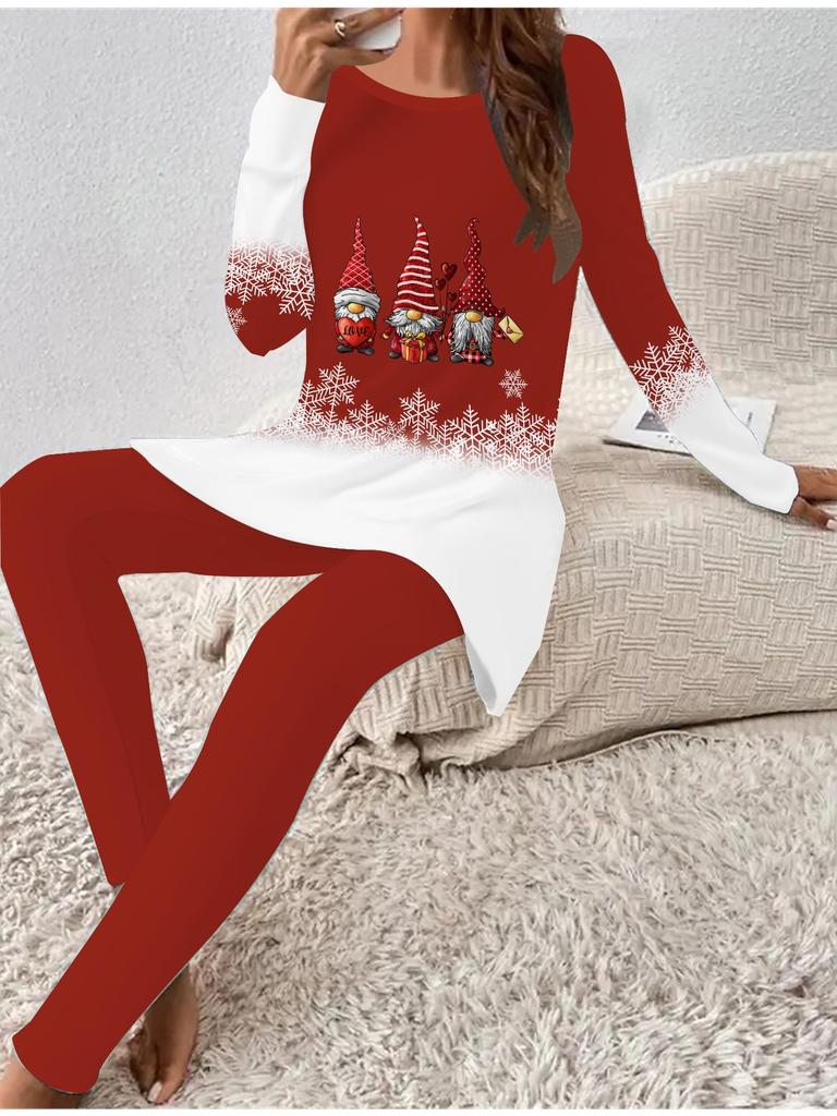 Euroamerická móda 3D Vánoční potisk Dámské Čtyřsezónní Tričko s dlouhým rukávem + Dlouhé kalhoty Dvoudílný set. Perfektní dárek na Nový rok a Vánoce