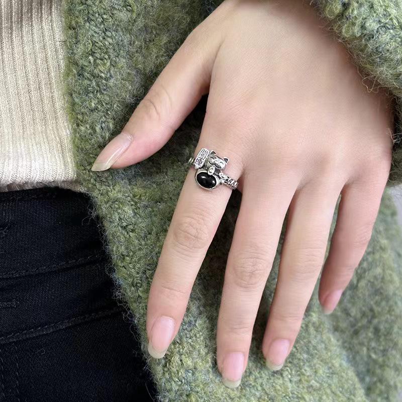 2024 New Korean-Style Black Zirconia Lucky Cat Adjustable Ring