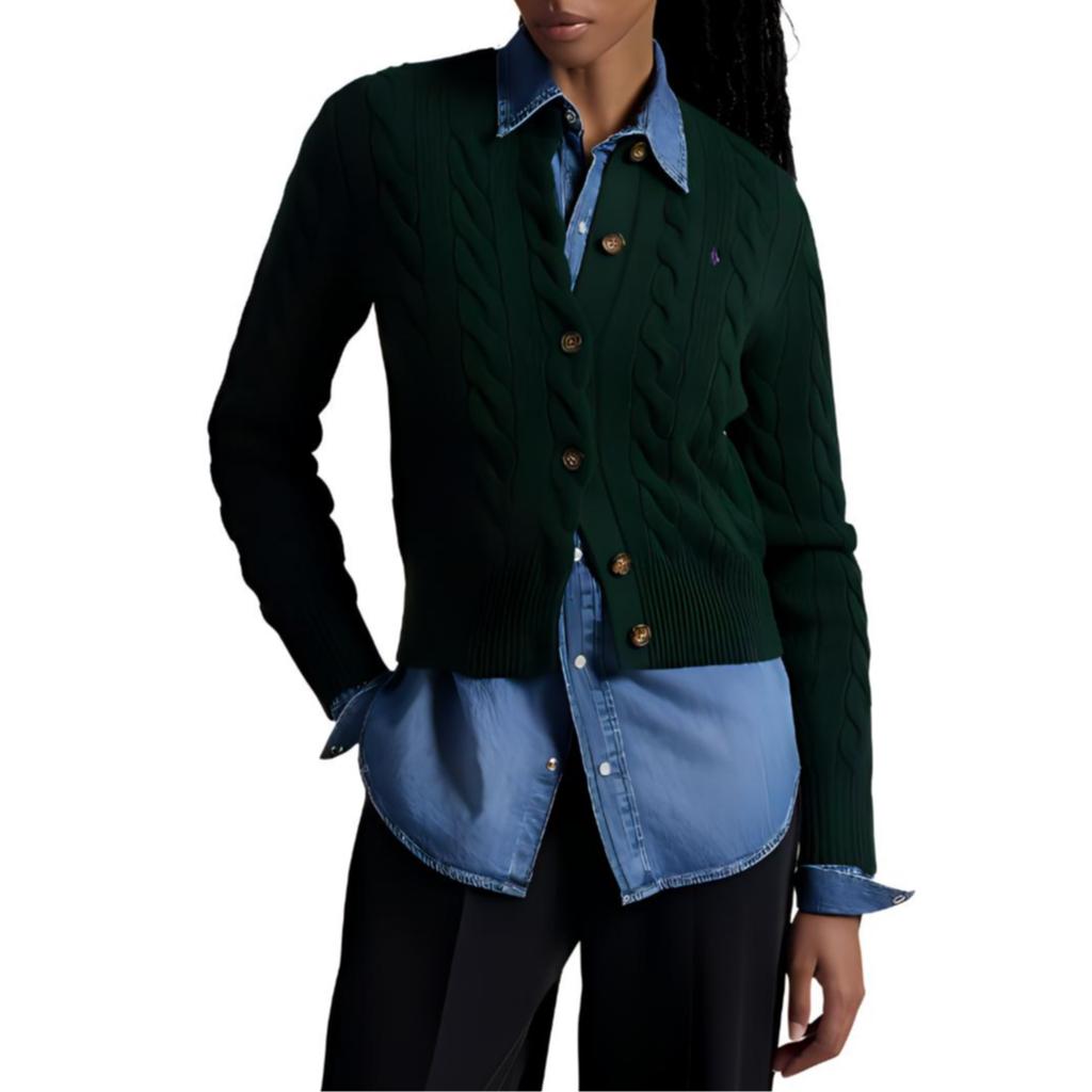 Polo Ralph Lauren FW24 Embroidered Logo Pattern Wool Cashmere Blend Cable Knit Ribbed Crew Neck Button Front Long Sleeve Sweater WMPOSWENDW20302-300