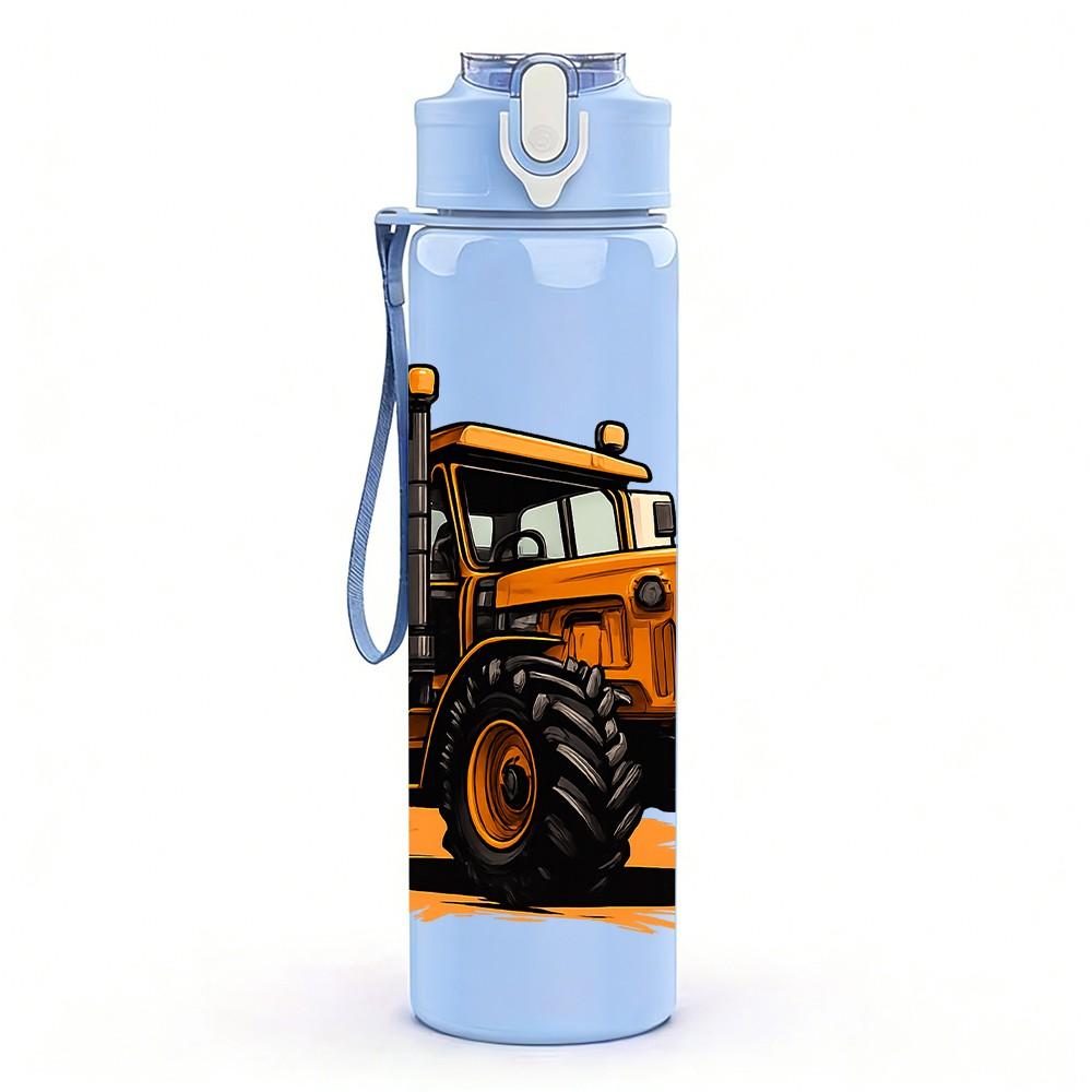 1PC Yellow Heavy Bulldozer Construction Pattern 750ml Color Plastic Sports Water Bottle Leakproof Flip Straw Lid Suitable for Sports Office Home Use